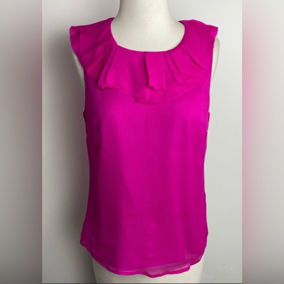 NWOT J Crew 100% silk fuscia pink sleeveless pleated ruffle round neck blouse - Picture 1 of 9